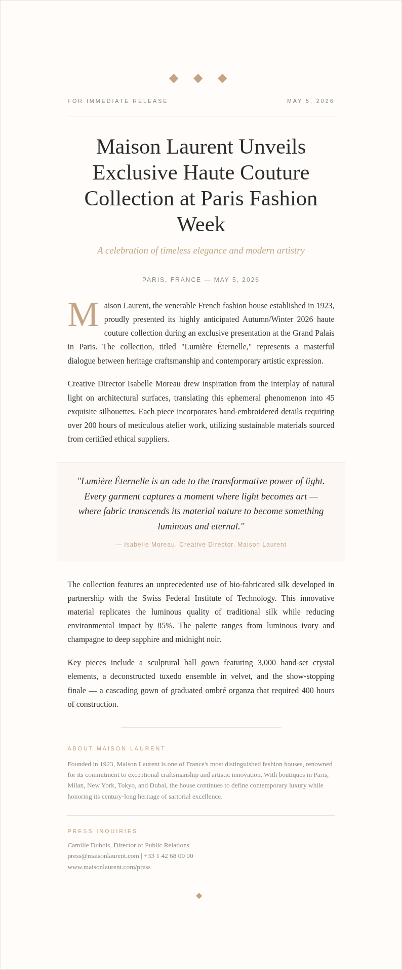 Elegant Sophisticated Press Release